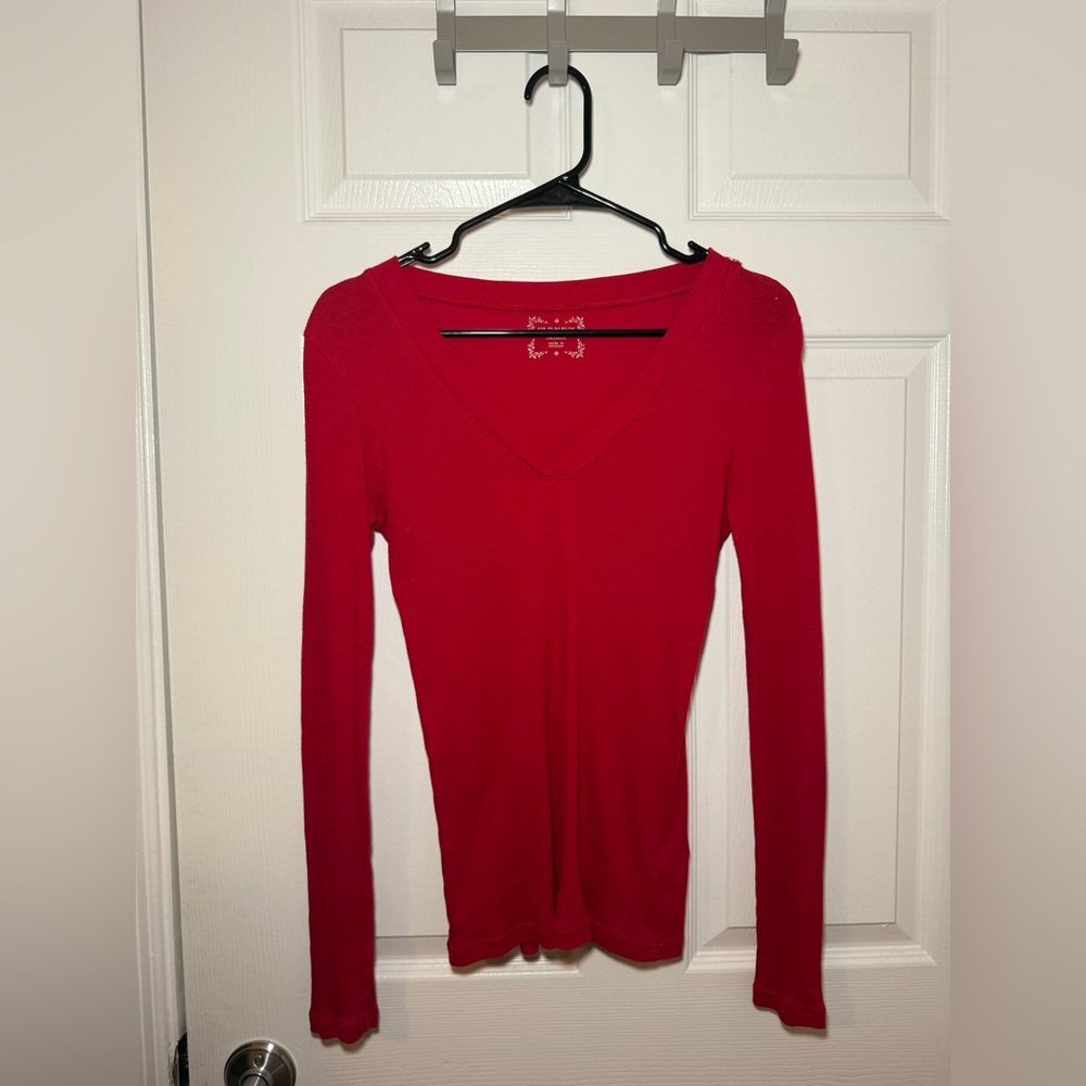 Vintage Old Navy Women's Red V-Neck Long Sleeve Top